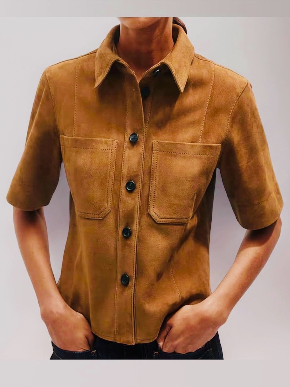 Women's Faux Suede Button Down Short Sleeve Collared Shirt Jackets Pocket XS